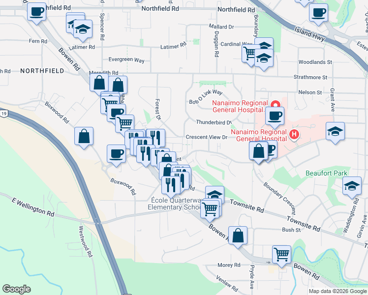 map of restaurants, bars, coffee shops, grocery stores, and more near 1720 Dufferin Crescent in Nanaimo