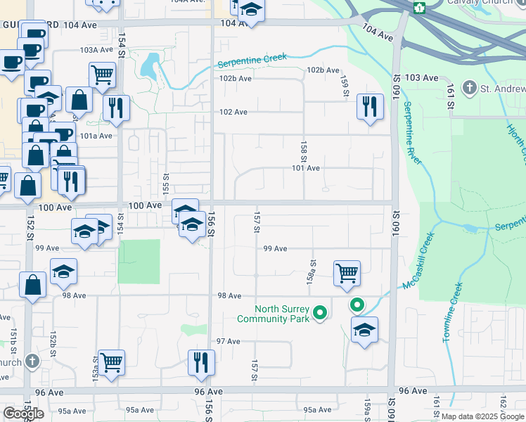 map of restaurants, bars, coffee shops, grocery stores, and more near 9972 157 Street in Surrey