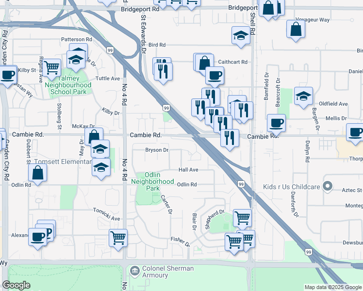 map of restaurants, bars, coffee shops, grocery stores, and more near 10291 Bryson Drive in Richmond