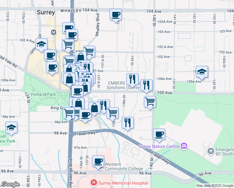 map of restaurants, bars, coffee shops, grocery stores, and more near 9990 138 Street in Surrey