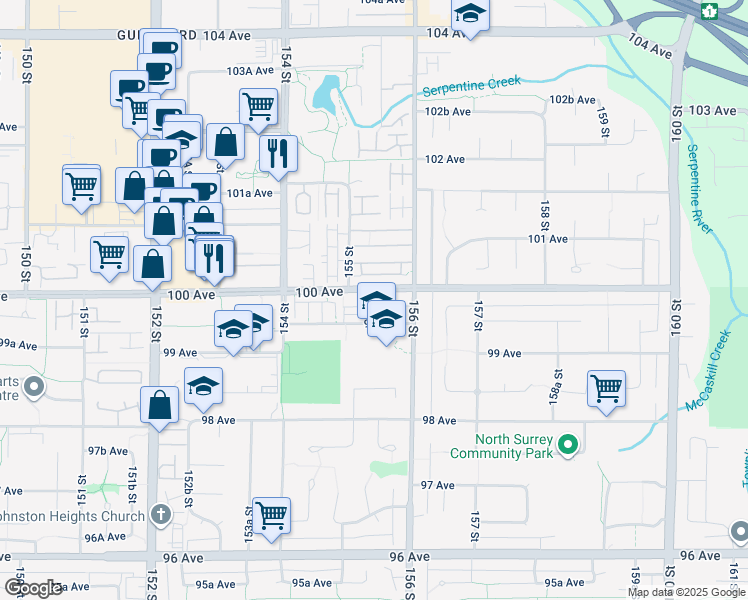 map of restaurants, bars, coffee shops, grocery stores, and more near 15540 100 Avenue in Surrey