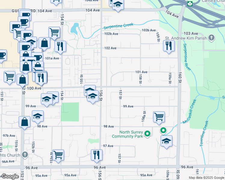 map of restaurants, bars, coffee shops, grocery stores, and more near 15665 99B Avenue in Surrey
