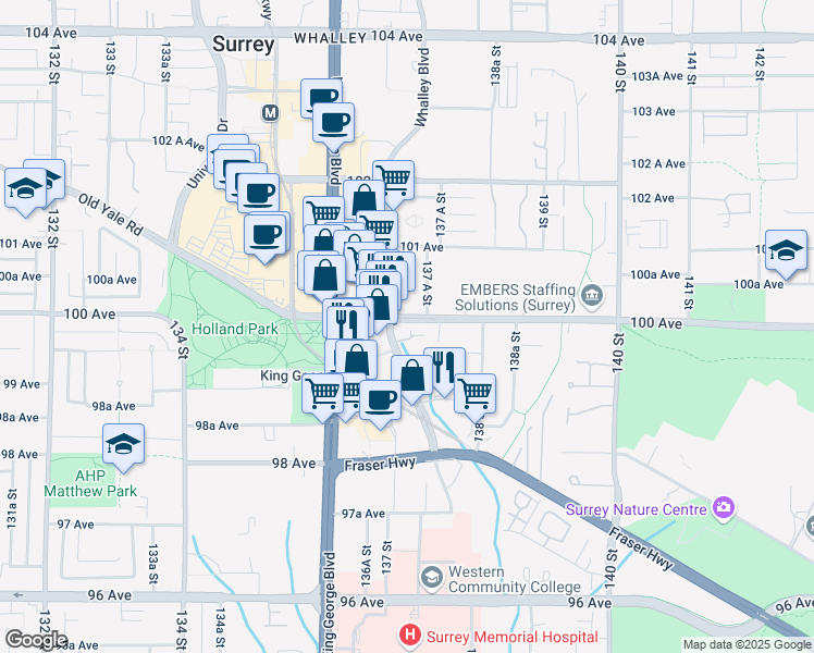 map of restaurants, bars, coffee shops, grocery stores, and more near in Surrey
