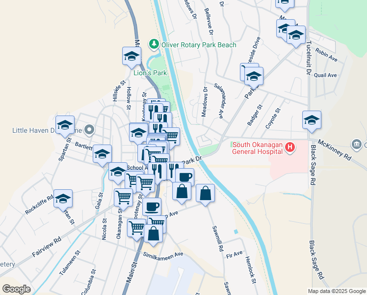 map of restaurants, bars, coffee shops, grocery stores, and more near 6273 Station Street in Oliver
