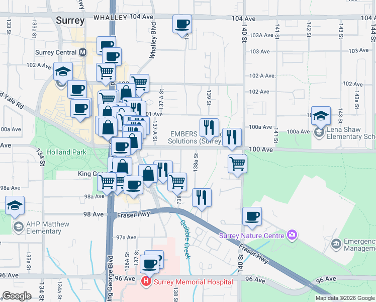 map of restaurants, bars, coffee shops, grocery stores, and more near 13830 100 Avenue in Surrey