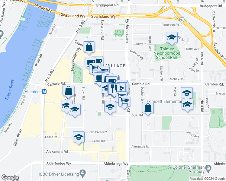 map of restaurants, bars, coffee shops, grocery stores, and more near 8888 Odlin Crescent in Richmond