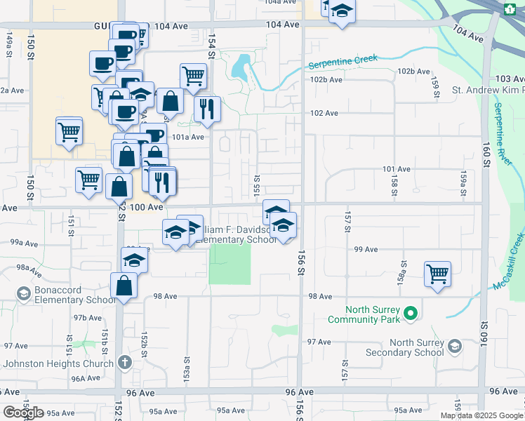 map of restaurants, bars, coffee shops, grocery stores, and more near 15512 100 Avenue in Surrey