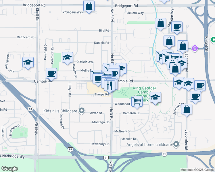 map of restaurants, bars, coffee shops, grocery stores, and more near 4051 Number 5 Road in Richmond
