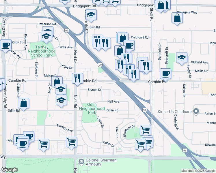 map of restaurants, bars, coffee shops, grocery stores, and more near 10273 Bryson Drive in Richmond