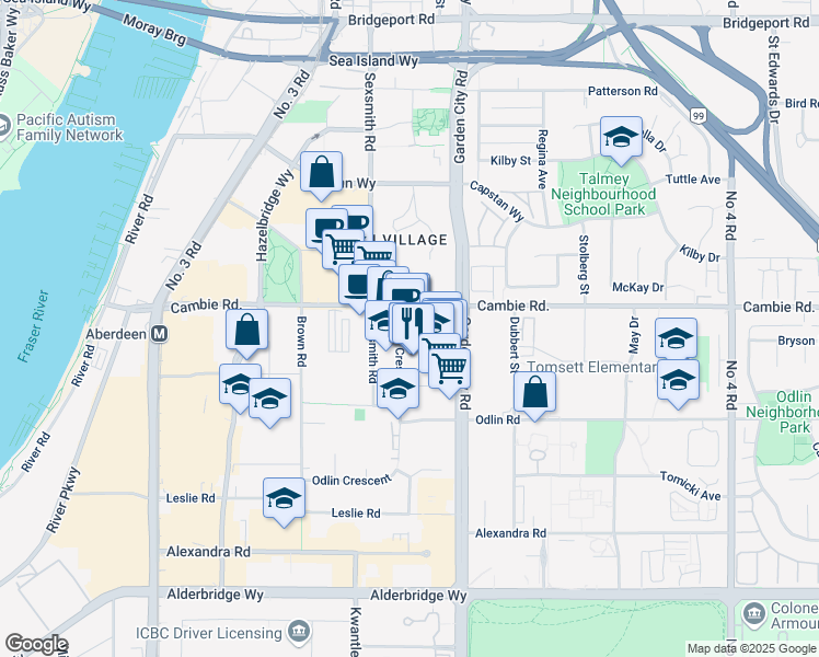 map of restaurants, bars, coffee shops, grocery stores, and more near 8888 Odlin Crescent in Richmond