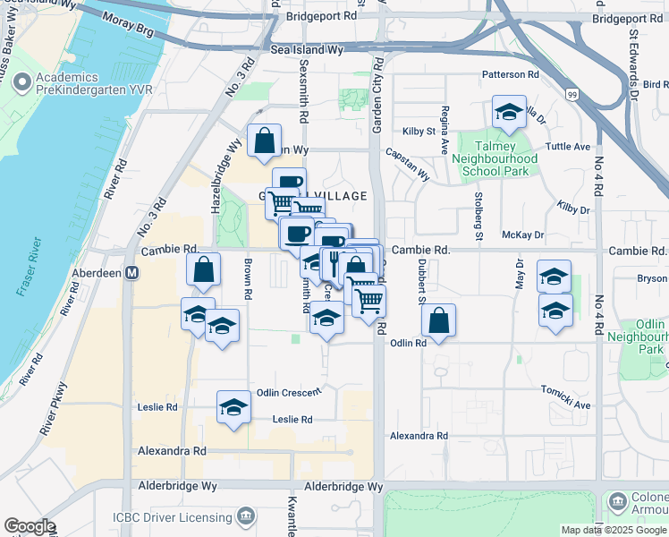 map of restaurants, bars, coffee shops, grocery stores, and more near 8888 Odlin Crescent in Richmond