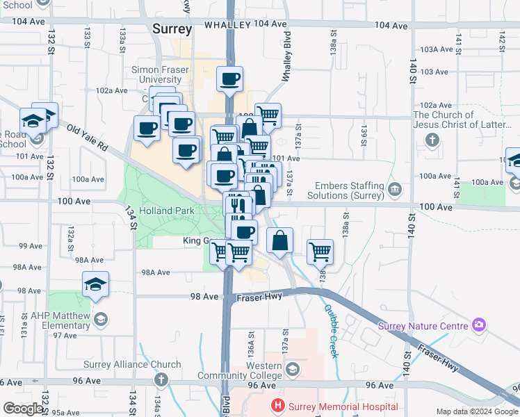 map of restaurants, bars, coffee shops, grocery stores, and more near in Surrey