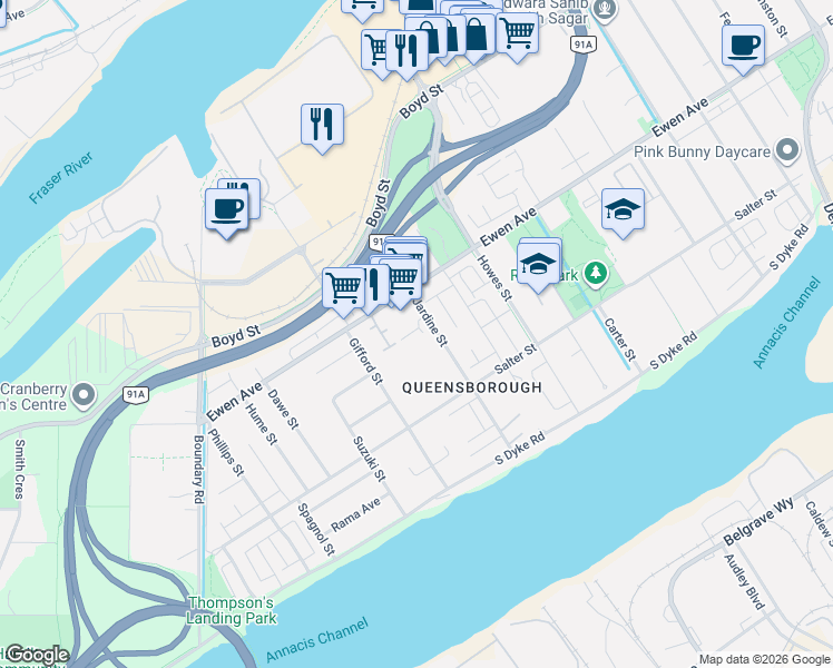 map of restaurants, bars, coffee shops, grocery stores, and more near 240 Jardine Street in New Westminster