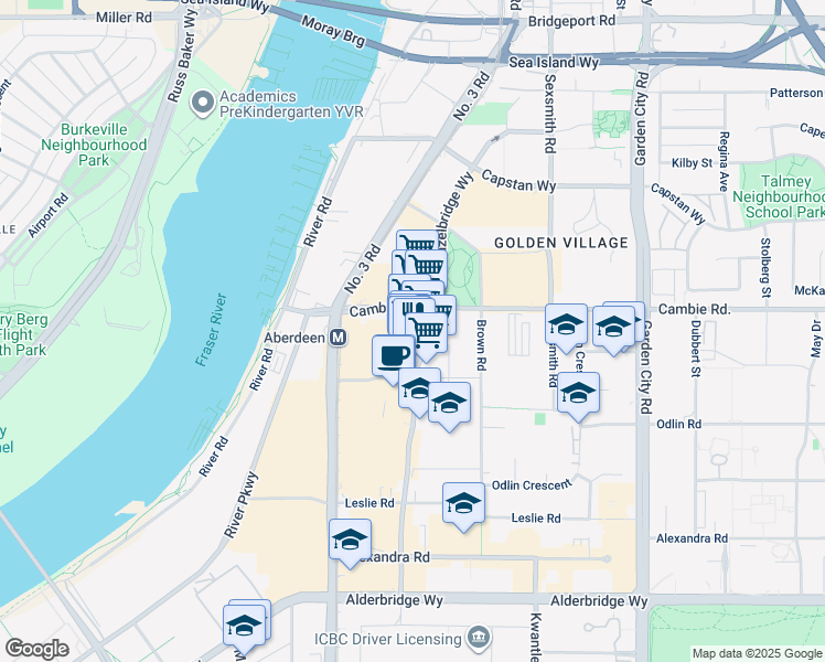 map of restaurants, bars, coffee shops, grocery stores, and more near Hazelbridge Way in Richmond