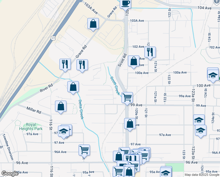 map of restaurants, bars, coffee shops, grocery stores, and more near 11906 100 Avenue in Surrey