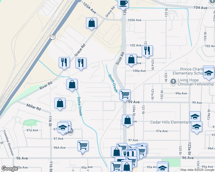 map of restaurants, bars, coffee shops, grocery stores, and more near 11906 100 Avenue in Surrey