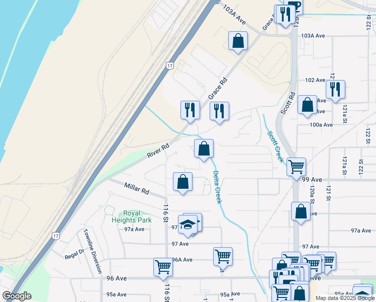 map of restaurants, bars, coffee shops, grocery stores, and more near 9983 117 Street in Surrey