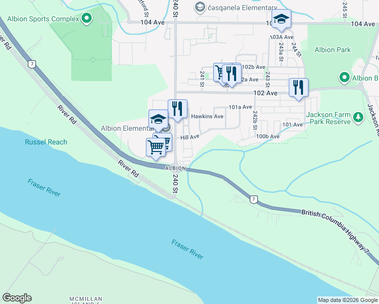 map of restaurants, bars, coffee shops, grocery stores, and more near 24030 100 Avenue in Maple Ridge