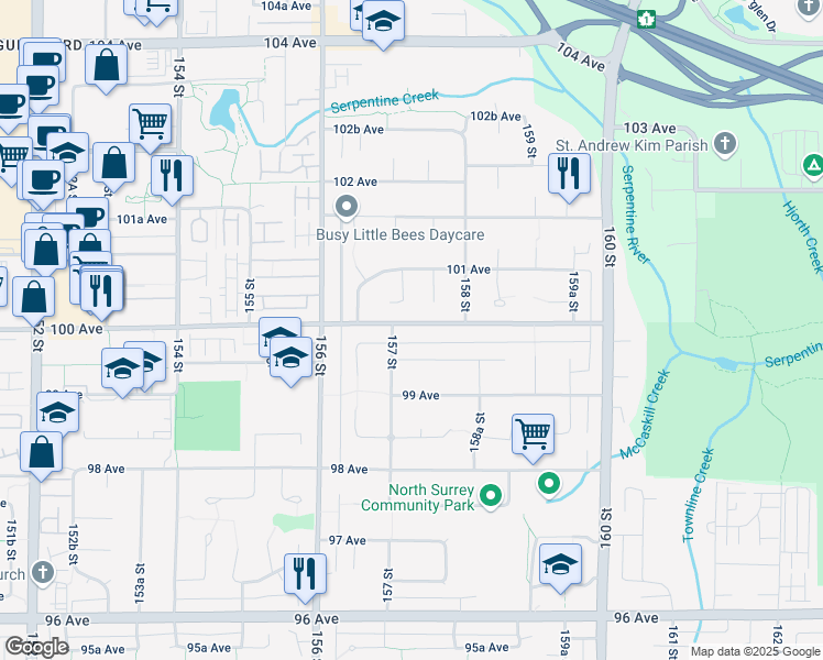 map of restaurants, bars, coffee shops, grocery stores, and more near in Surrey