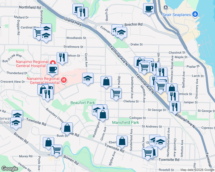 map of restaurants, bars, coffee shops, grocery stores, and more near 1316 Waddington Road in Nanaimo