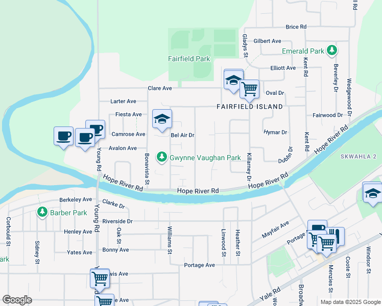 map of restaurants, bars, coffee shops, grocery stores, and more near 10095 Fairview Drive in Chilliwack