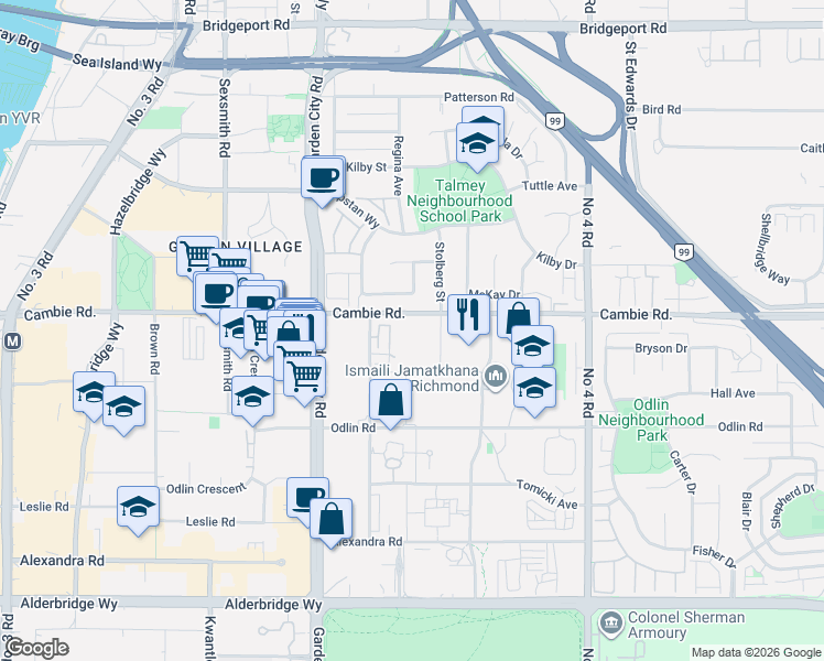 map of restaurants, bars, coffee shops, grocery stores, and more near 4099 Stolberg Street in Richmond