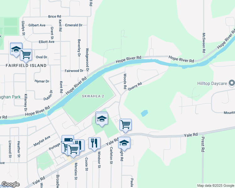 map of restaurants, bars, coffee shops, grocery stores, and more near 10060 Brentwood Drive in Chilliwack