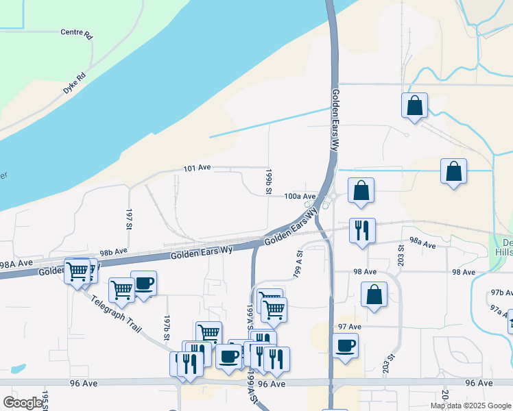 map of restaurants, bars, coffee shops, grocery stores, and more near 7883 199B Street in Langley Township
