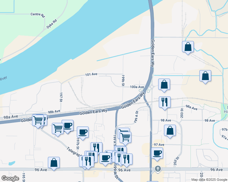 map of restaurants, bars, coffee shops, grocery stores, and more near 7883 199B Street in Langley Township