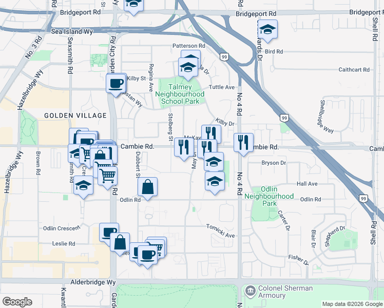 map of restaurants, bars, coffee shops, grocery stores, and more near 106 May Drive in Richmond