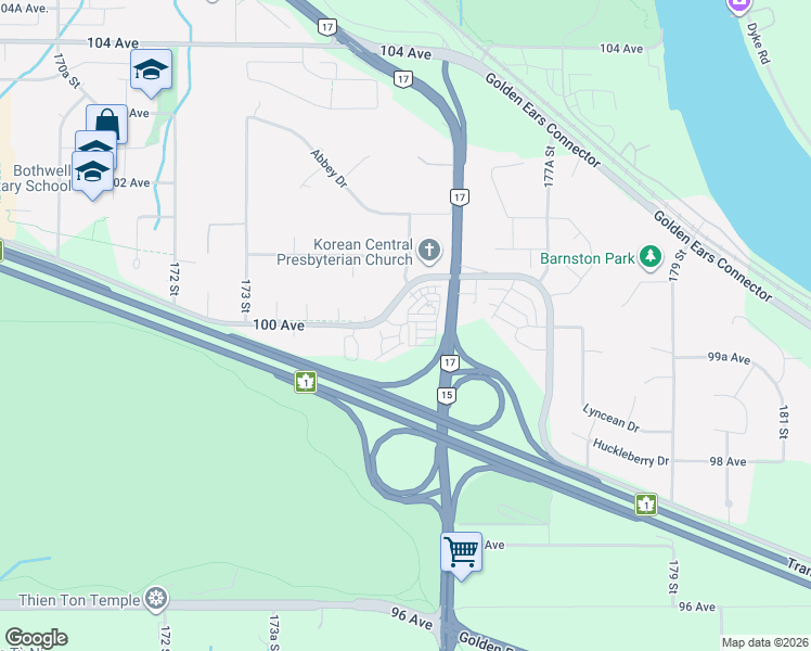 map of restaurants, bars, coffee shops, grocery stores, and more near 17538 100 Avenue in Surrey
