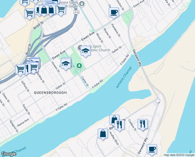 map of restaurants, bars, coffee shops, grocery stores, and more near 102 Viscount Place in New Westminster