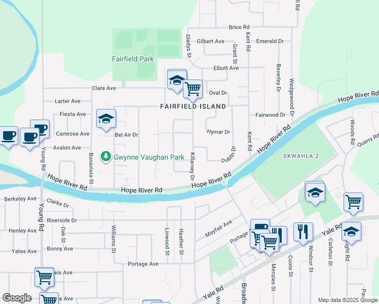 map of restaurants, bars, coffee shops, grocery stores, and more near 10027 Killarney Drive in Chilliwack