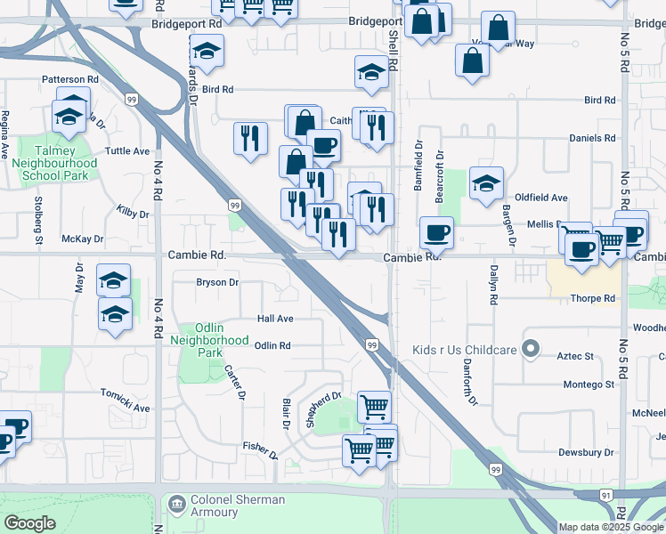 map of restaurants, bars, coffee shops, grocery stores, and more near 10700 Cambie Road in Richmond