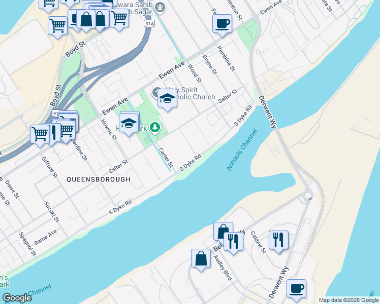 map of restaurants, bars, coffee shops, grocery stores, and more near 102 Viscount Place in New Westminster