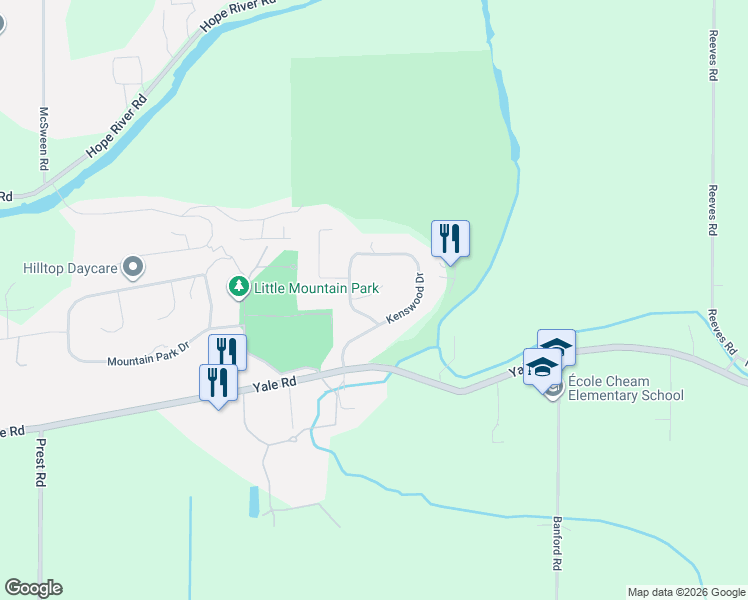 map of restaurants, bars, coffee shops, grocery stores, and more near 10035 Timberline Place in Chilliwack