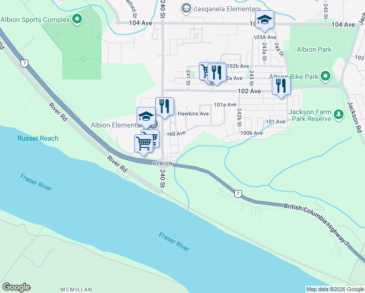 map of restaurants, bars, coffee shops, grocery stores, and more near 2409 Hill Avenue in Maple Ridge