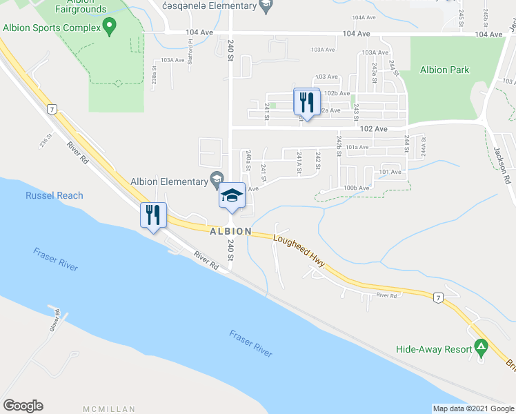 map of restaurants, bars, coffee shops, grocery stores, and more near 2409 Hill Avenue in Maple Ridge