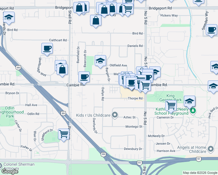 map of restaurants, bars, coffee shops, grocery stores, and more near 11571 Thorpe Road in Richmond