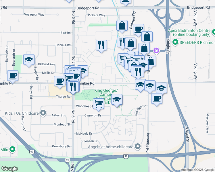 map of restaurants, bars, coffee shops, grocery stores, and more near 12360 Cambie Road in Richmond