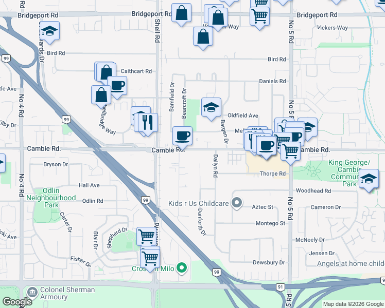 map of restaurants, bars, coffee shops, grocery stores, and more near 11200 Cambie Road in Richmond
