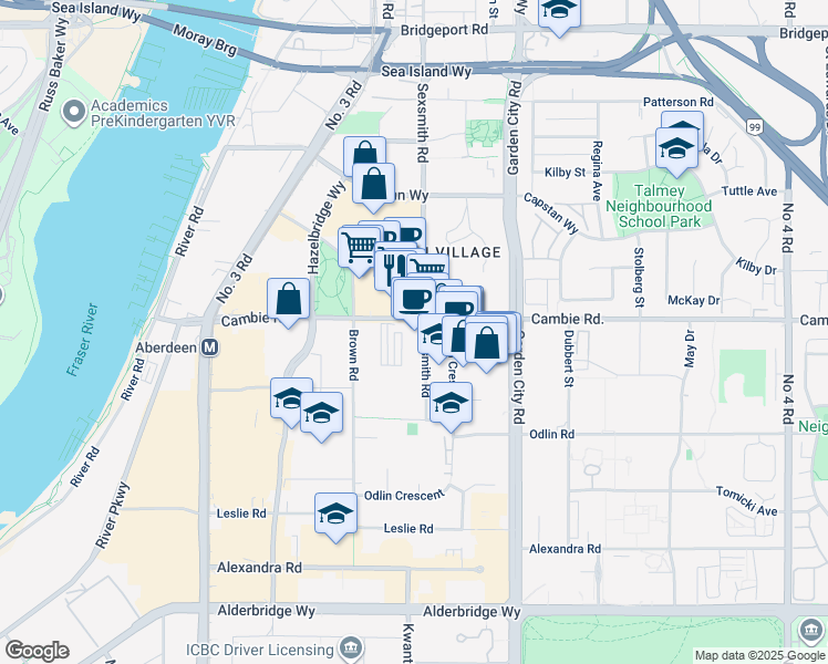 map of restaurants, bars, coffee shops, grocery stores, and more near in Richmond