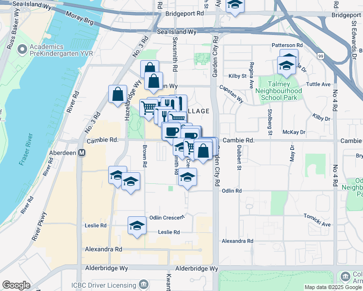 map of restaurants, bars, coffee shops, grocery stores, and more near 3780 Sexsmith Road in Richmond