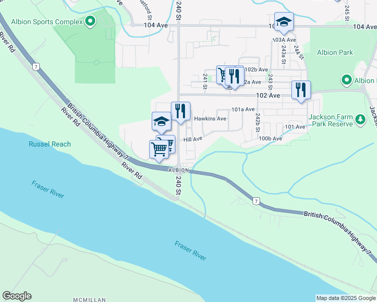 map of restaurants, bars, coffee shops, grocery stores, and more near 100 Avenue in Maple Ridge