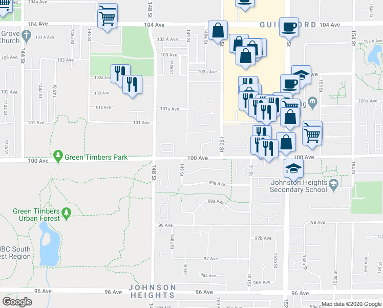 map of restaurants, bars, coffee shops, grocery stores, and more near 14925 100 Avenue in Surrey