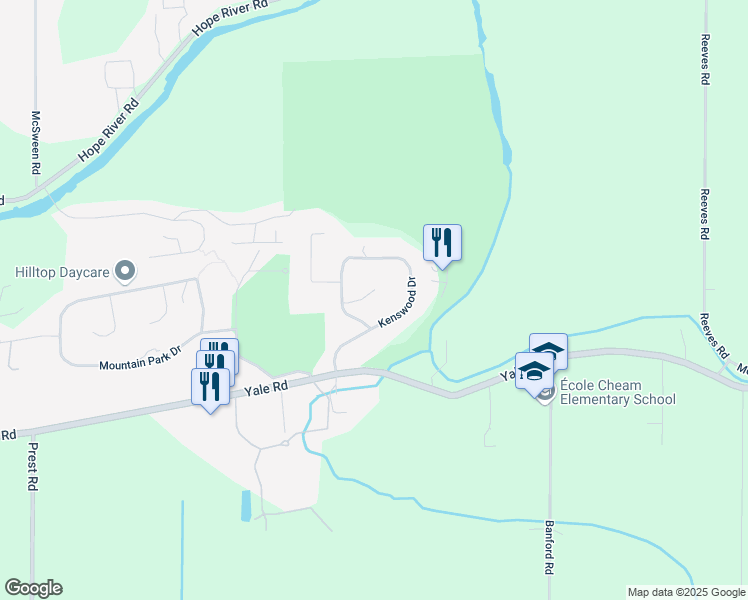 map of restaurants, bars, coffee shops, grocery stores, and more near 10050 Timberline Place in Chilliwack