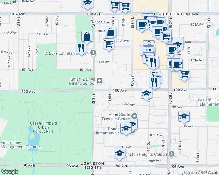 map of restaurants, bars, coffee shops, grocery stores, and more near 14885 100 Avenue in Surrey