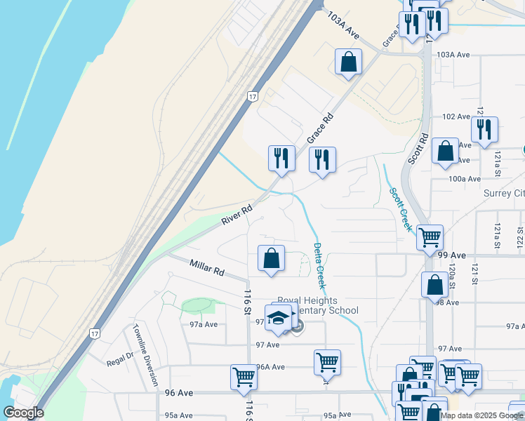 map of restaurants, bars, coffee shops, grocery stores, and more near 9987 116 Street in Surrey