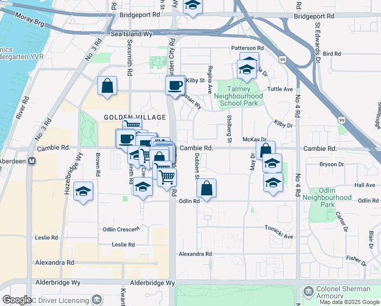 map of restaurants, bars, coffee shops, grocery stores, and more near 9140 Cambie Road in Richmond