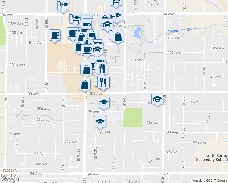 map of restaurants, bars, coffee shops, grocery stores, and more near 154 Street in Surrey